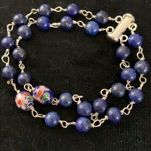 Two strands of link lapis bracelet sterling clasp